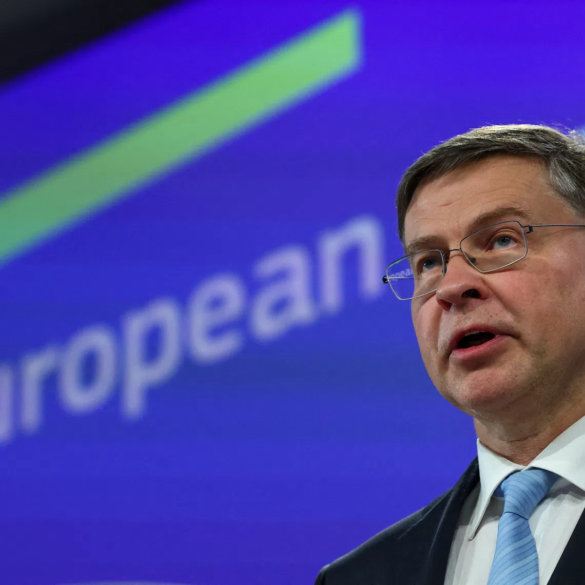 FILE PHOTO: European Executive Vice President of the European Commission for An Economy that Works for People Valdis Dombrovskis attends a press conference on a report concerning Bulgaria's criteria to adopt the Euro starting in 2026 and become the 21st country to join the single currency area, in Brussels, Belgium June 4, 2025. REUTERS/Yves Herman/File Photo