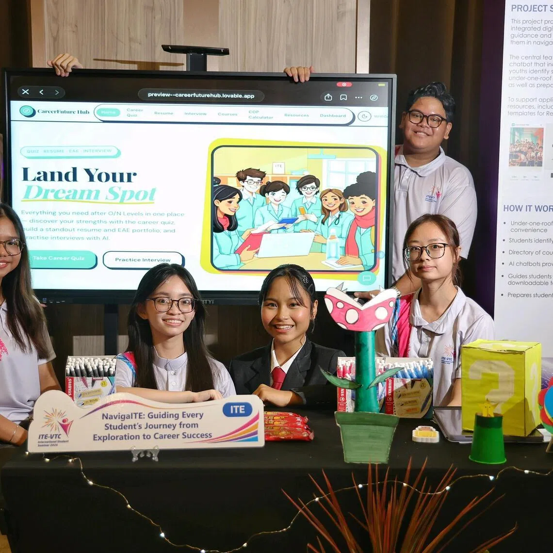 ITE College Central's Team NavigaITE of (front row from left) Nur Hadirah Marsya Muhd Nozali, 18, Year 2 Higher Nitec in Civil and Structural Engineering Design student, Bendana Ayesha Gabriel Malonza, 18, Year 2 Higher Nitec in Nursing student, Qurratu Janna Muhammad Yusof, 18, Year 2 Higher Nitec in Logistics and Supply Chain Management student, Kelly Ang, 17, Year 1 Higher Nitec in Bio-Chemical Technology student, (back row from left) Wong Hao Ran, 18, Year 2 Higher Nitec in Electronics Engineering student, and Muhammad Shahin Muhd Hafiz, 18, Year 2 Higher Nitec in Bio-Chemical Technology student, with their one-stop digital platform to help secondary school and ITE students navigate their future school and career pathways on June 23, 2026. The platform will include features like an AI-powered chatbot for students to practice their interview skills, a career assessment quiz, directory of all courses offered across all ITEs and polys, and resume building guides.