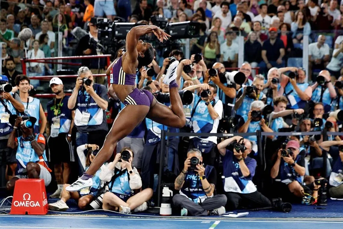 Jamaica's Megan Simmonds celebrating winning the women's 100m hurdles final in the Diamond League athletics competition held in Stadio Olimpico, Rome, Italy, June 4.