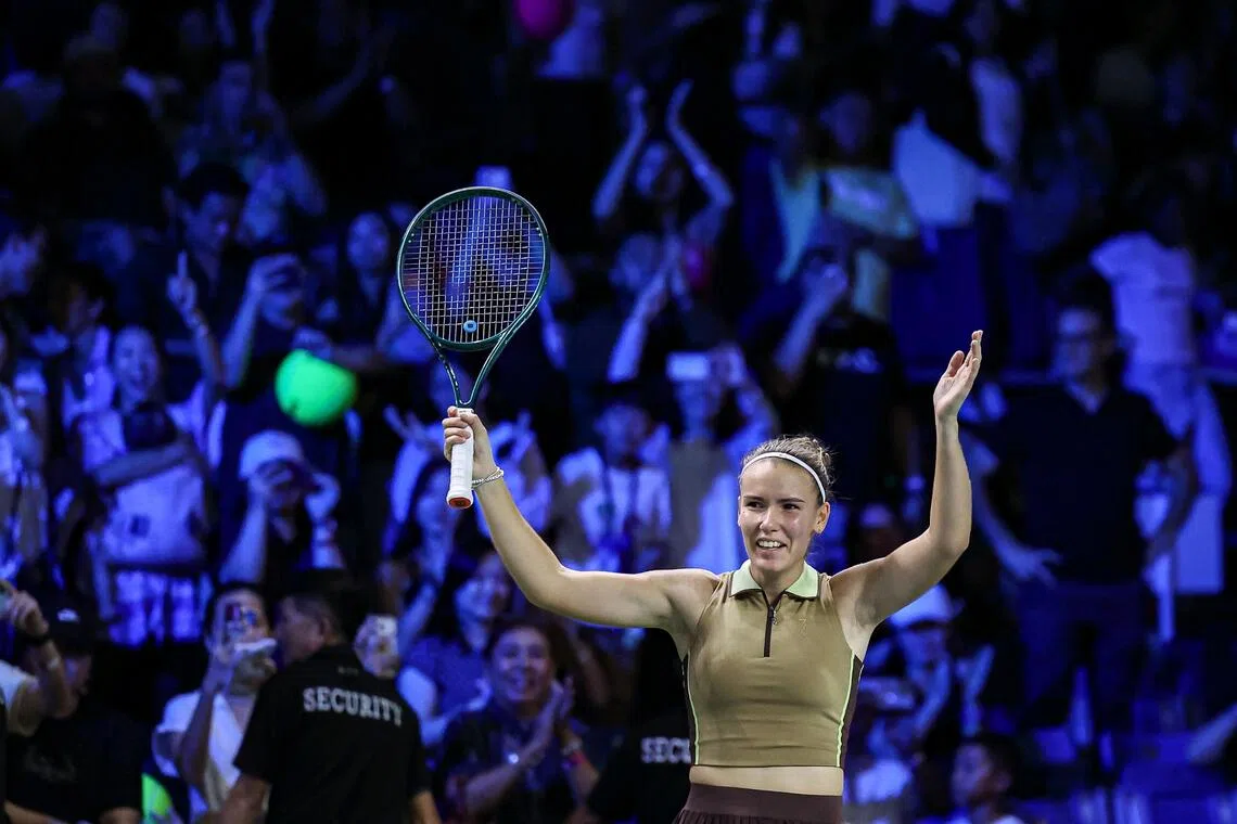 Tatiana Prozorova after winning against world No. 18 Alexandra Eala during their women’s singles round-of-16 match at the Singapore Tennis Open at OCBC Arena on Sept 24.