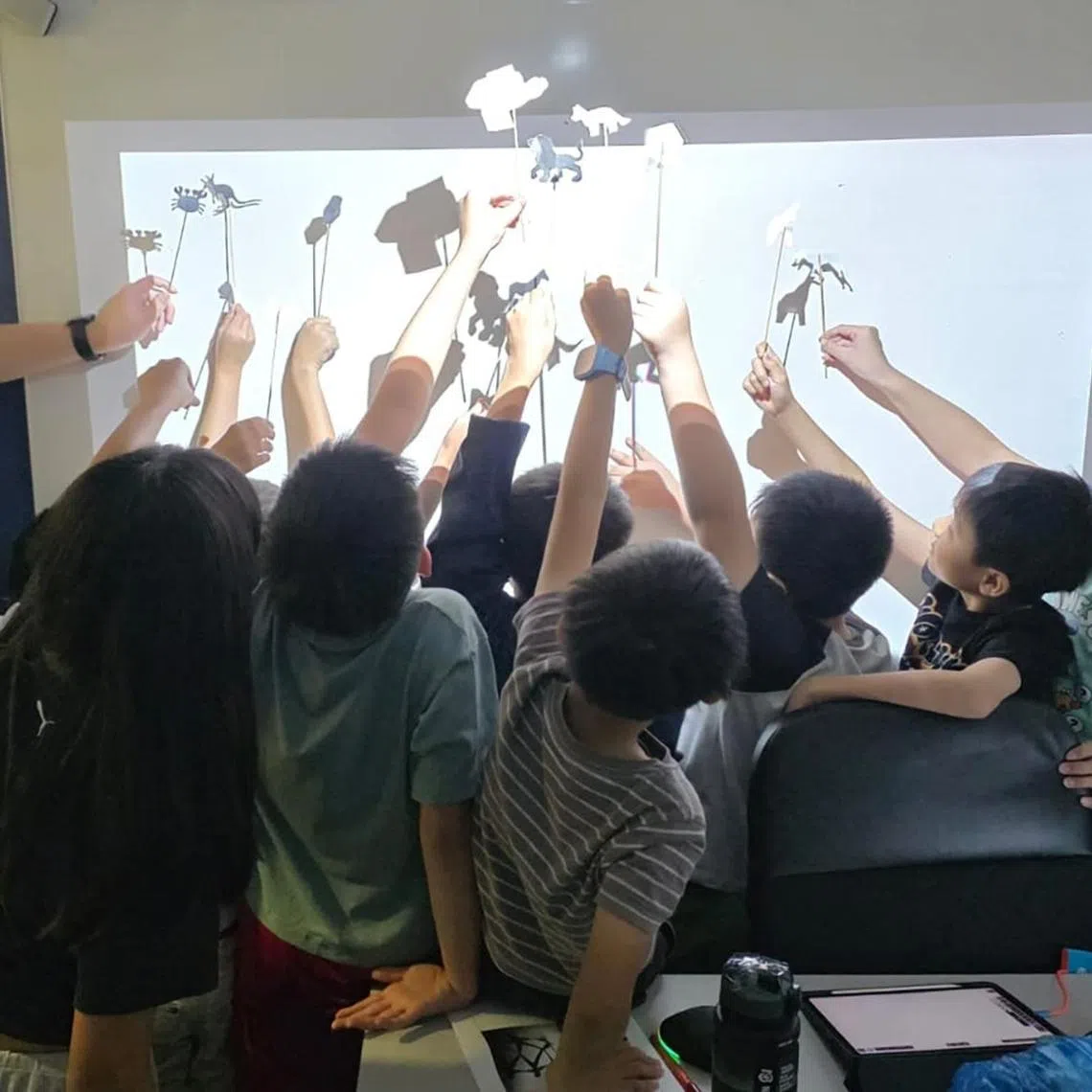 Participants at a PSLE bootcamp for science, run by tuition provider BlueTree Education, learn about light and shadows through a shadow puppet show. 