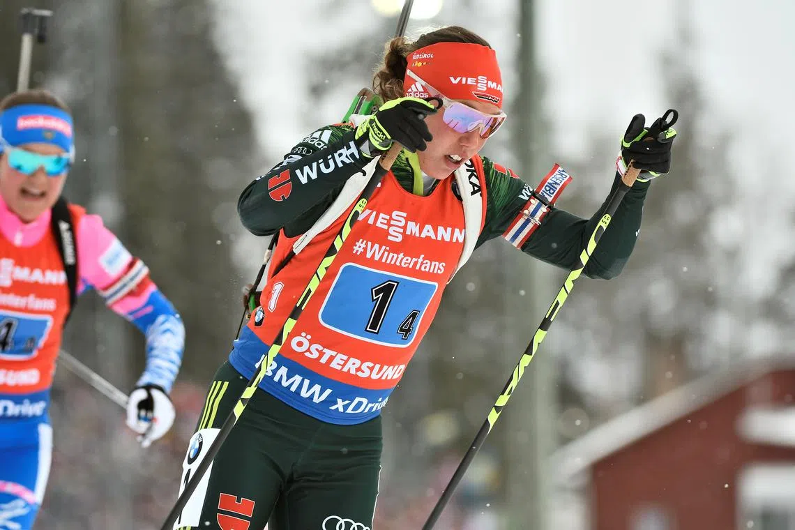FILE PHOTO: IBU World Biathlon Championships - Women's 4x6 km Relay - Oestersund, Sweden - March 16, 2019. Laura Dahlmeier of Germany competes.   TT News Agency/Robert Henriksson via REUTERS/ File Photo