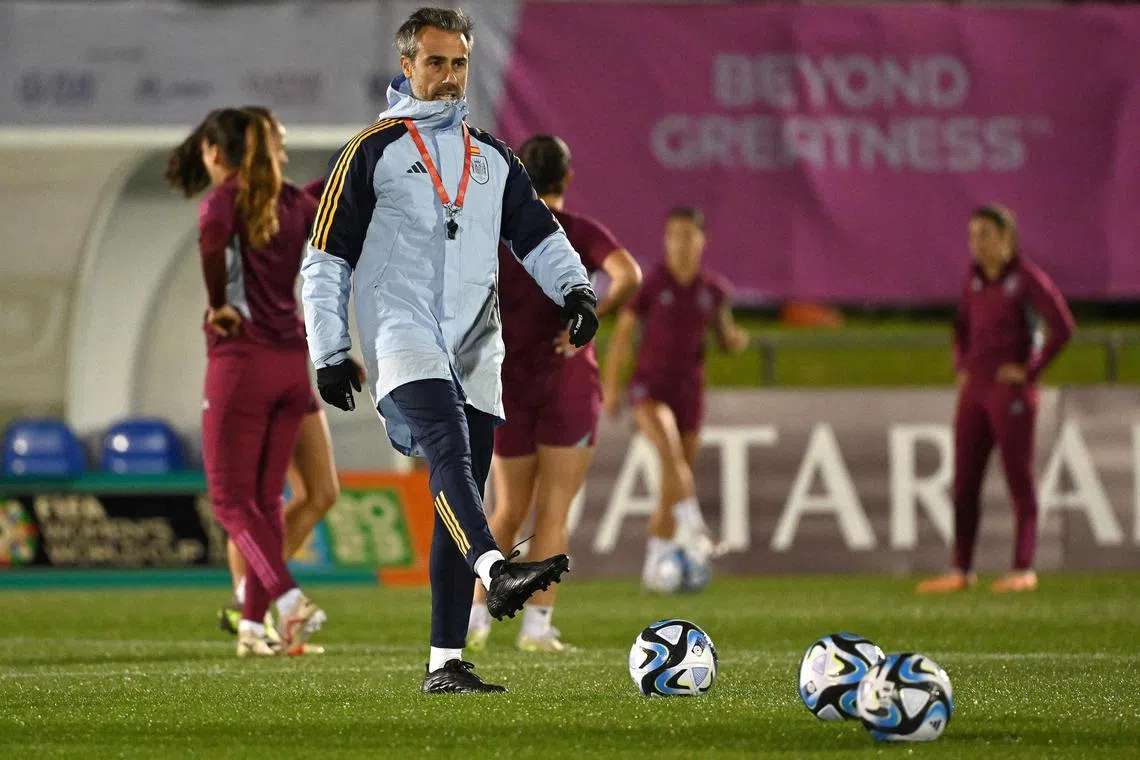 Spain coach Jorge Vilda gives instructions to his players during a training session in Auckland, ahead of their last-16 clash with Switzerland.