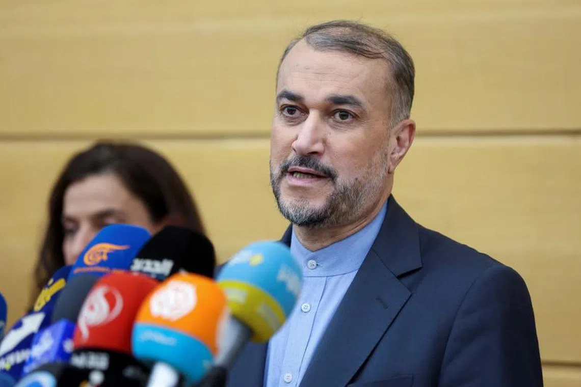 Iran's Foreign Minister Hossein Amirabdollahian speaks during a press conference upon arrival at Beirut international airport, Lebanon February 9, 2024. REUTERS/Mohamed Azakir
