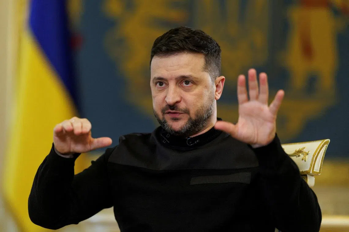 FILE PHOTO: Ukraine's President Volodymyr Zelenskiy speaks during an interview with Reuters, amid Russia's attack on Ukraine, in Kyiv, Ukraine March 25, 2026. REUTERS/Valentyn Ogirenko/File Photo