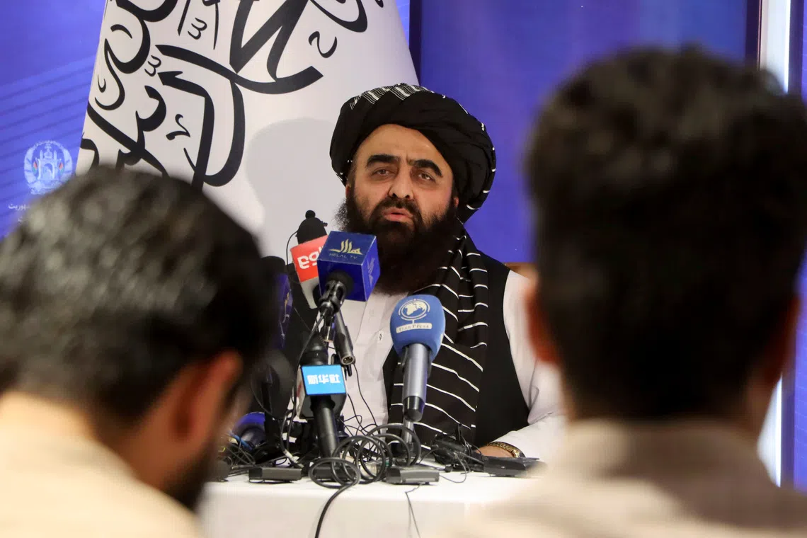 Taliban acting Foreign Minister Amir Khan Muttaqi speaks during a news conference in Kabul Afghanistan September 14, 2021. Picture taken September 14, 2021.REUTERS/Stringer