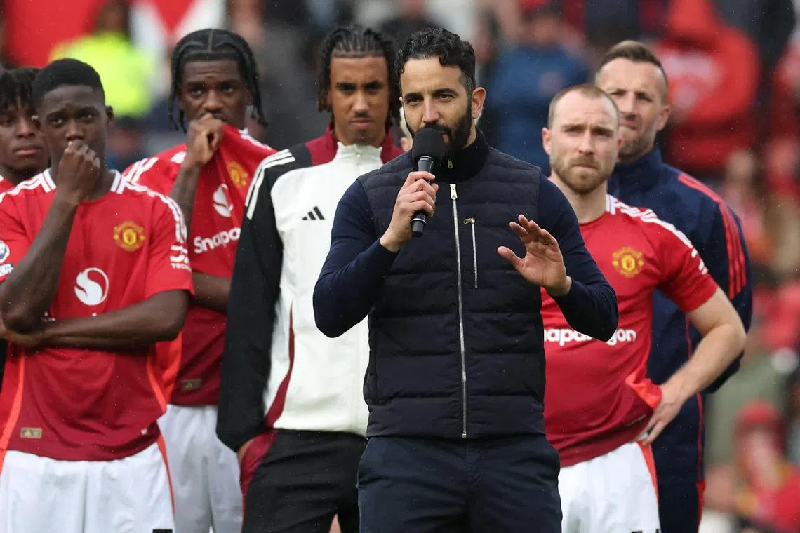 Manchester United manager Ruben Amorim speaks to the home fans after their last match of the Premier League season against Aston Villa on May 25.