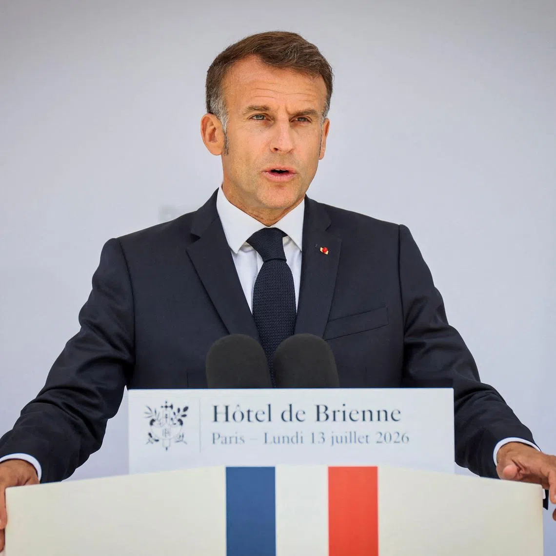 French President Emmanuel Macron delivers his traditional address to the armed forces on the eve of the Bastille Day parade at the Ministry of Defense in Paris, France, July 13, 2026. Thomas Padilla/Pool via REUTERS
