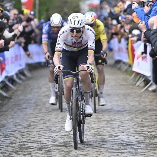 UAE Team Emirates' Slovenian rider Tadej Pogacar cycles in the men's race of the Tour des Flandres one day cycling race in Haaltert, Belgium on April 5, 2026.