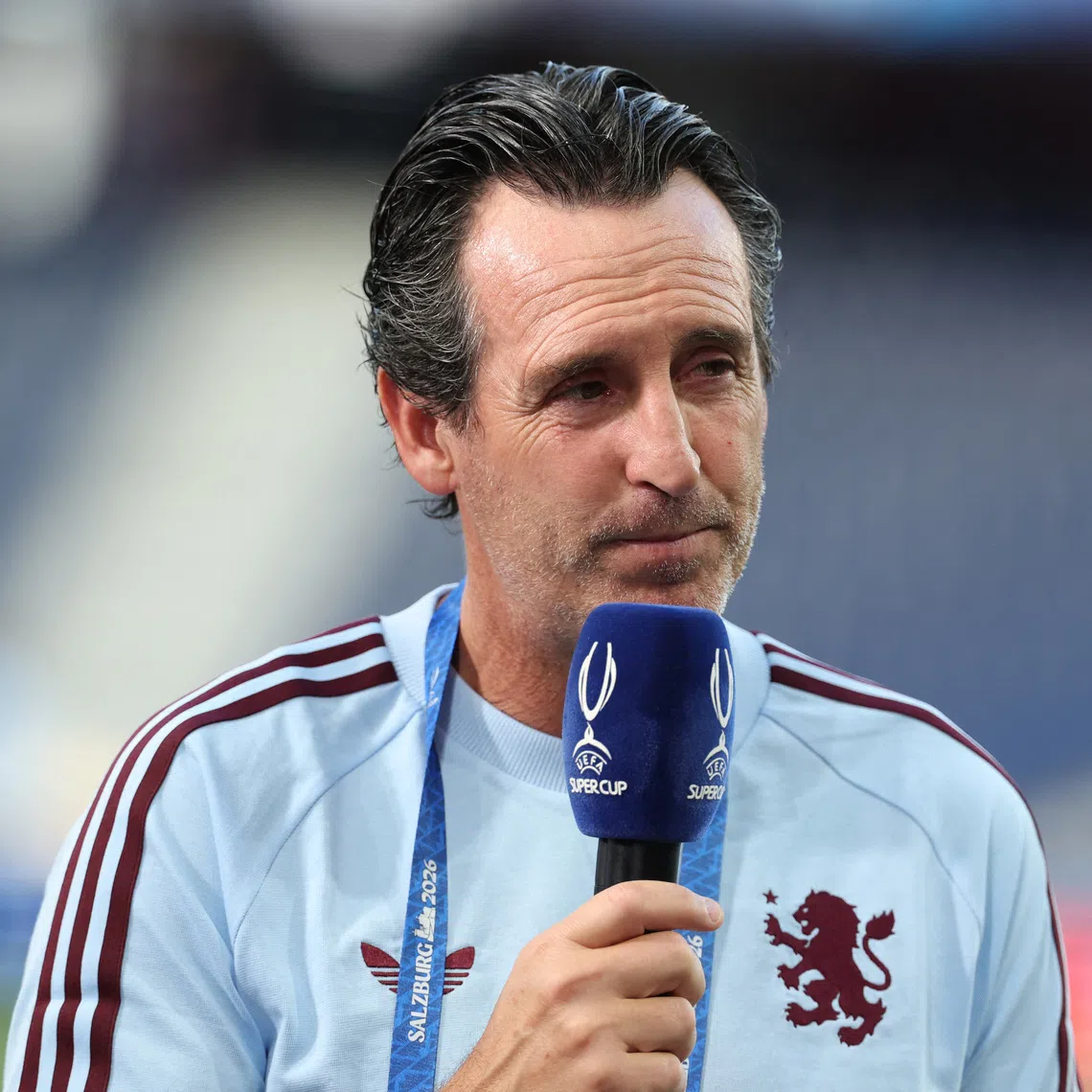 Aston Villa manager Unai Emery speaking to the media during a pitch walkaround ahead of the UEFA Super Cup.