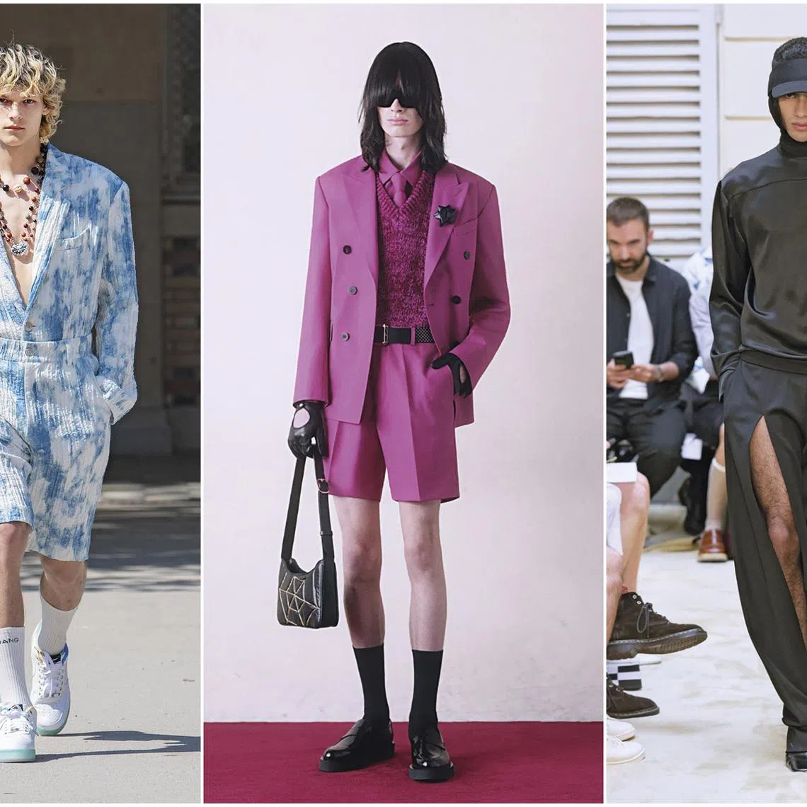 (From left) Spring 2024 menswear collections by Feng Chen Wang, Ernest W. Baker and Burc Akyol.