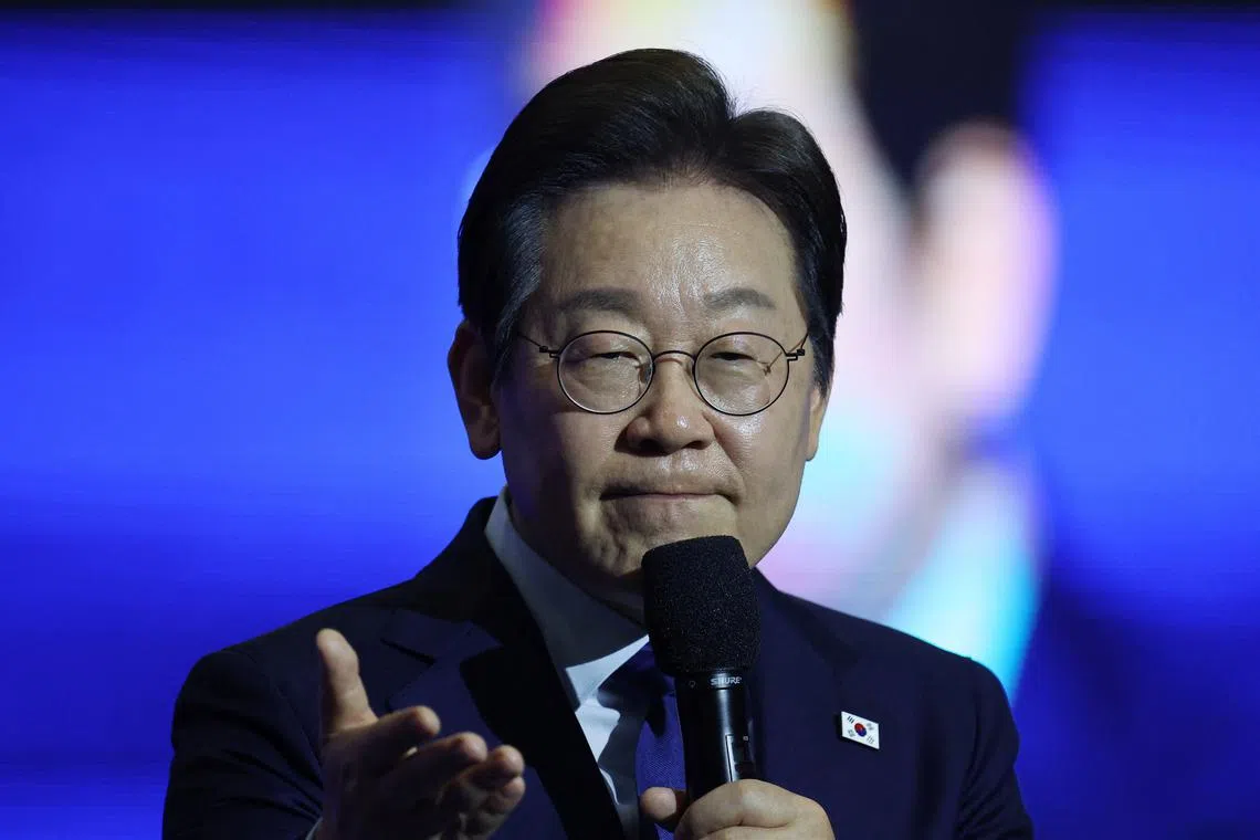 FILE PHOTO: Lee Jae-myung delivers his speech after winning the final race to choose their candidate for upcoming presidential election during a national convention of South Korea's Democratic Party in Goyang, South Korea, April 27, 2025. REUTERS/Kim Hong-Ji/File Photo