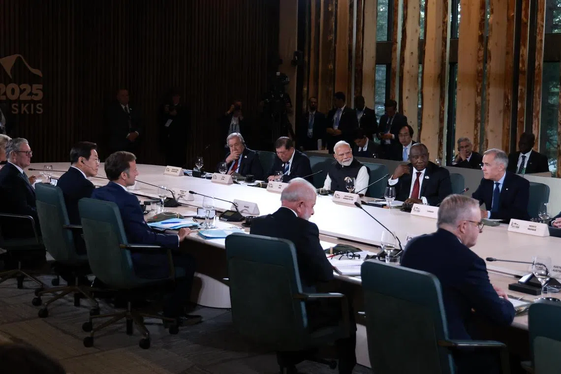 The G-7 leaders took part in an expanded meeting of the G-7 summit in Kananaskis, Canada, on June 17.