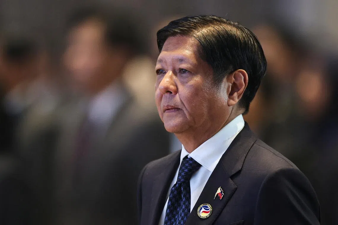 FILE PHOTO: Philippines President Ferdinand Marcos Jr attends the closing ceremony of the 44th and 45th ASEAN Summits and Related Summits and Handing Over of the ASEAN Chairmanship to Malaysia, at the National Convention Centre, in Vientiane, Laos, October 11, 2024. REUTERS/Athit Perawongmetha/File Photo