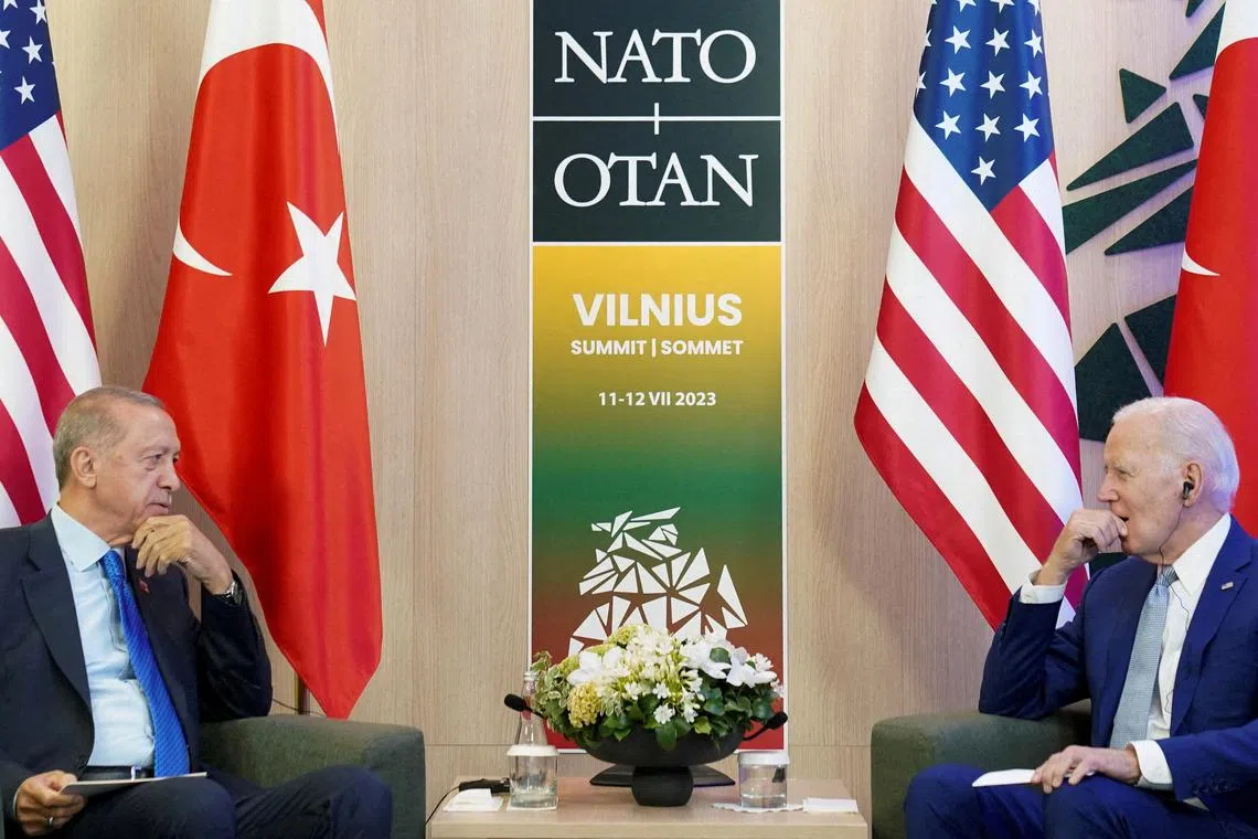 Turkish President Tayyip Erdogan (left) and US President Joe Biden meet at a Nato summit in Lithuania, in July 2023.