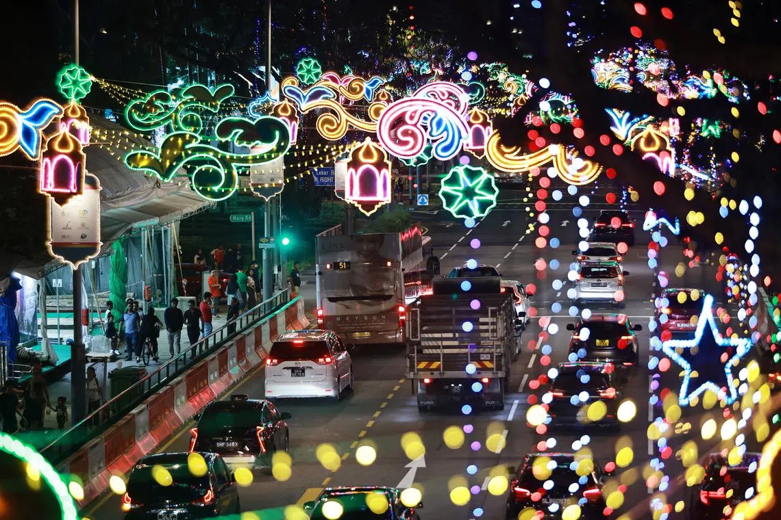 The festive light-up along Geylang Road during the Geylang Serai Ramadan Bazaar in March 2023.  