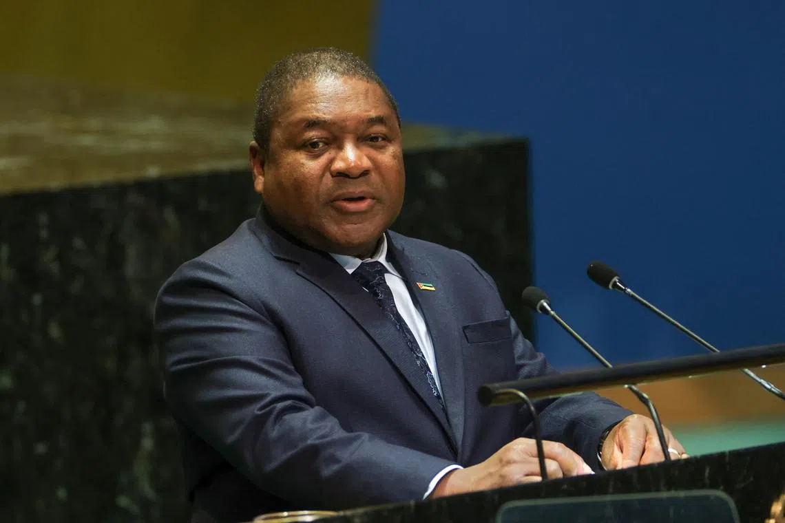 FILE PHOTO: Mozambique President Filipe Jacinto Nyusi addresses the \"Summit of the Future\" in the General Assembly Hall of the United Nations Headquarters in New York City, U.S., September 22, 2024. REUTERS/Caitlin Ochs/File Photo