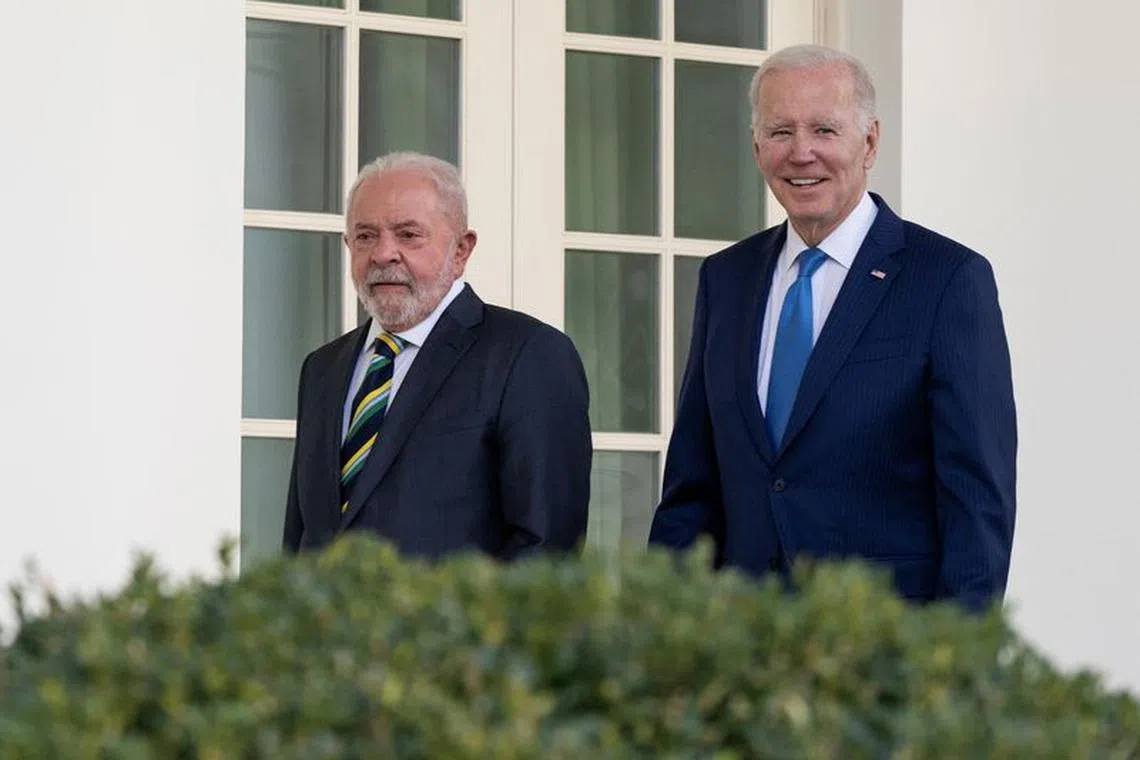 FILE PHOTO: U.S. President Joe Biden and Brazilian President Luiz Inacio Lula da Silva walk down the colonnade of the White House, in Washington, U.S. February 10, 2023. Andrew Caballero-Reynolds/Pool via REUTERS/File Photo
