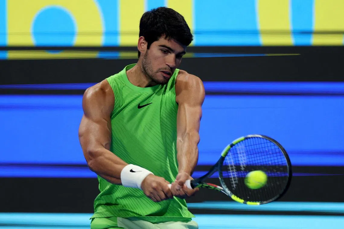 Tennis - Qatar Open - Khalifa International Tennis and Squash complex, Doha, Qatar - February 21, 2026 Spain's Carlos Alcaraz in action during the final match against France's Arthur Fils REUTERS/Mohammed Salem