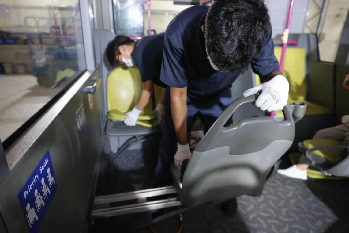 Mid-life refurbishment of some existing buses, including replacement of seat upholsteries, floor covers, windows or windshield sealants and door system components. Photographed on Jan 16, 2025.