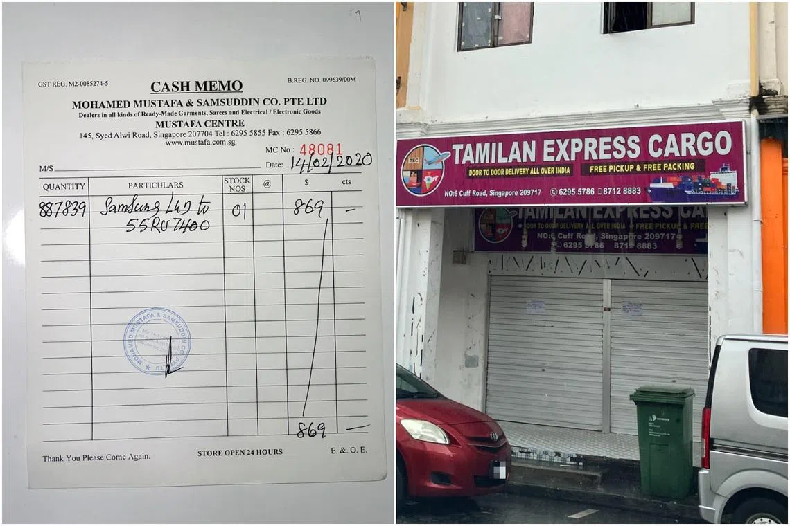 A receipt for a Samsung television purchased by Mr Santhanam Muthukarthikeyan, which he submitted as part of a claim against Tamilan Express Cargo.