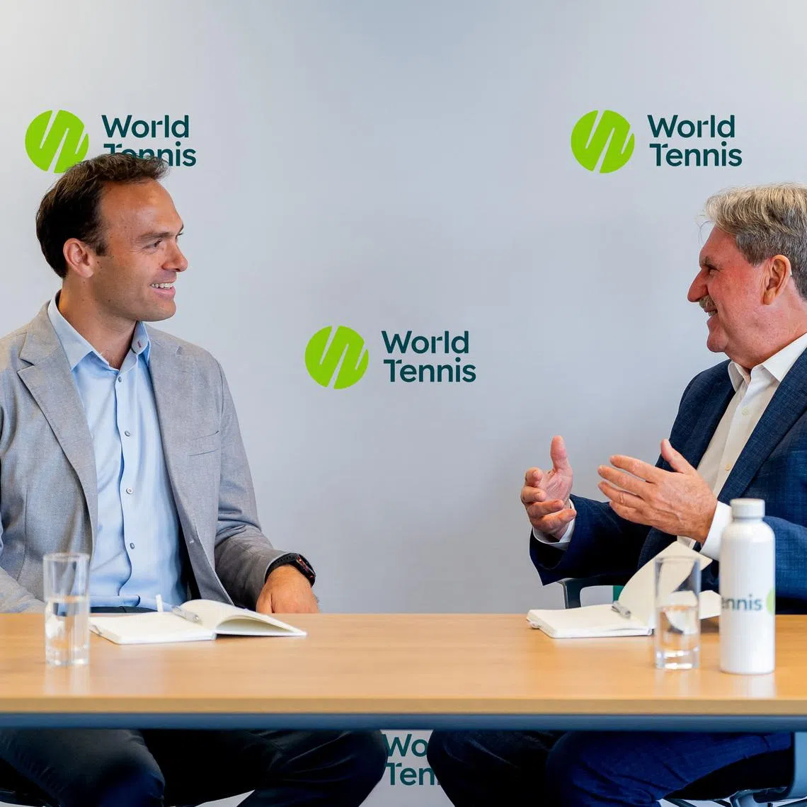 World Tennis Chief Executive Ross Hutchins speaks with World Tennis President David Haggerty at an unknown location in this handout picture obtained by Reuters June 25, 2026. The International Tennis Federation officially became known as World Tennis on Thursday, June 25. World Tennis/Handout via REUTERS