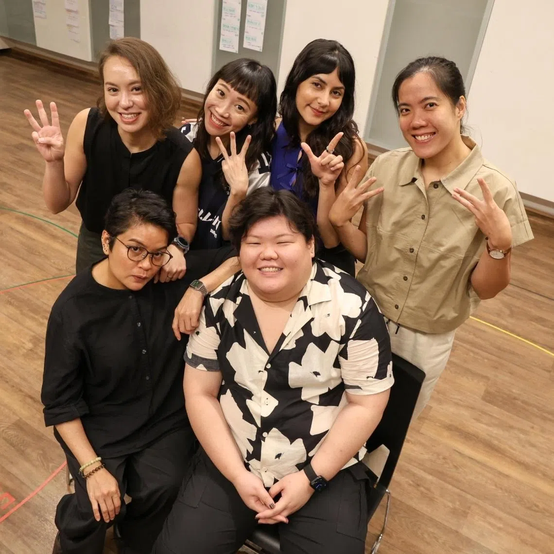 (Back row, from left) Cast members Eve Voigtlander, Tan Rui Shan, Mehr Dudeja, Yap Yi Kai and (front row, from left) Farah Ong with director Deonn Yang.