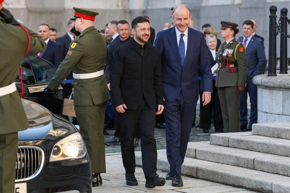 Ireland's Prime Minister Micheal Martin (right) welcoming Ukrainian President Volodymyr Zelensky to Dublin on Dec 2.   