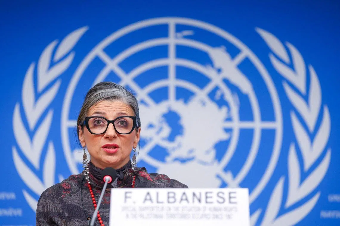 FILE PHOTO: Francesca Albanese, UN special rapporteur on human rights in the Palestinian territories, attends a news conference during the Human Rights Council at the United Nations in Geneva, Switzerland, March 24, 2026. REUTERS/Denis Balibouse/File Photo