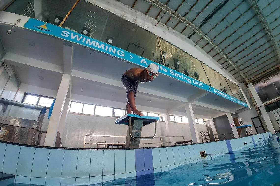 Nepalese para swimmer Harka Man Gharti taking part in a training session in Kathmandu.