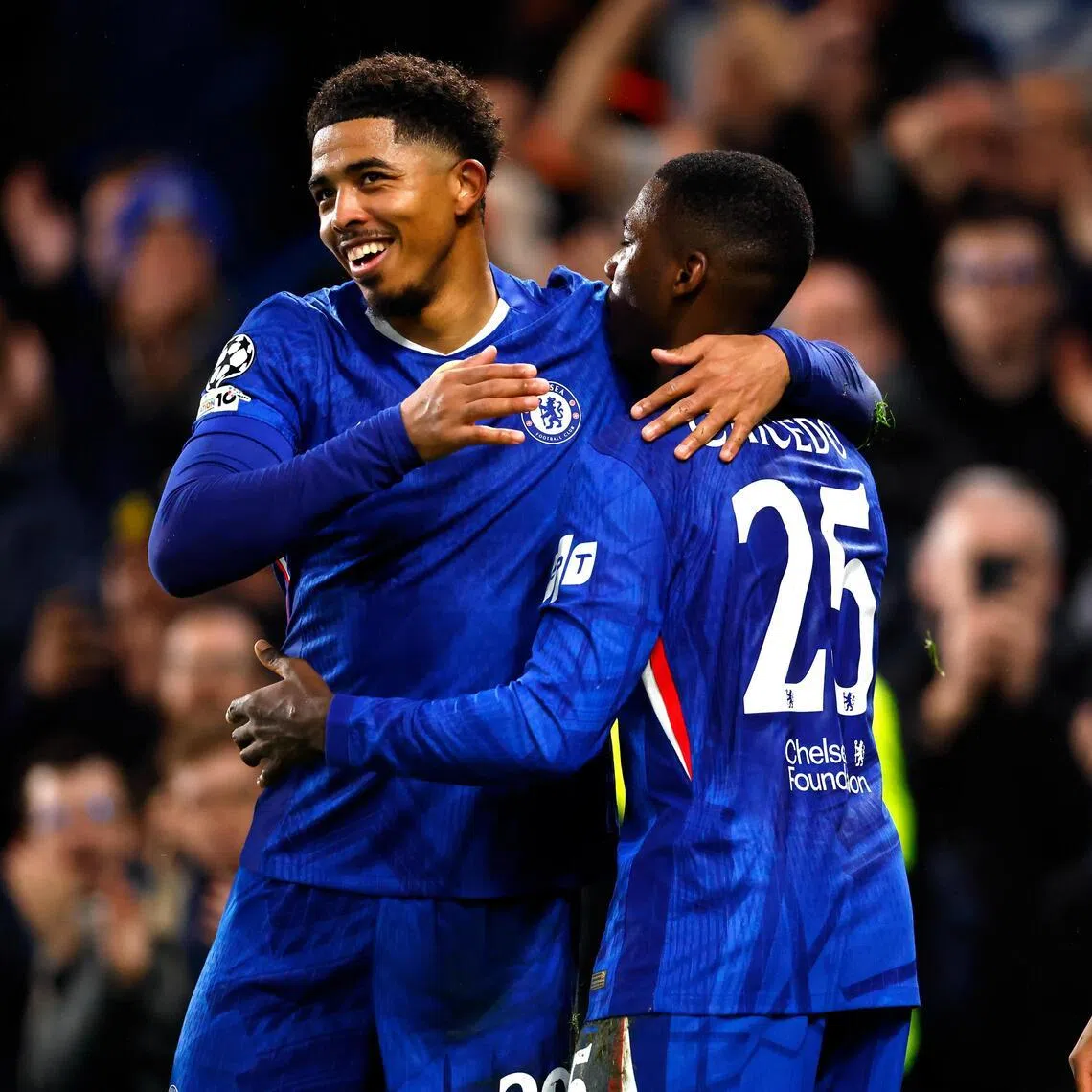 Moises Caicedo (centre) celebrates scoring the winning goal for Chelsea with teammate Wesley Fofana during their Champions League win against Pafos on Jan 21.