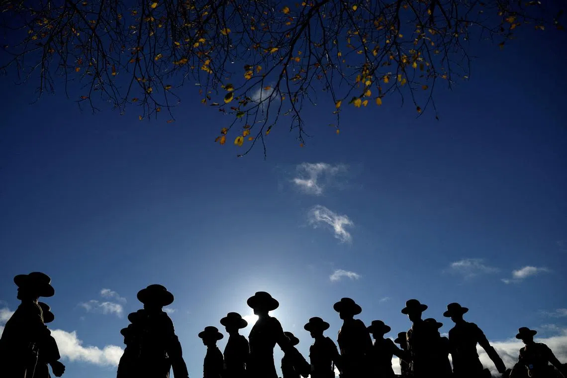 Soldiers from the Brigade of Gurkhas marching off the Parade Ground following a passing out ceremony at Catterick Garrison near Richmond, Britain, Nov 23, 2023. 