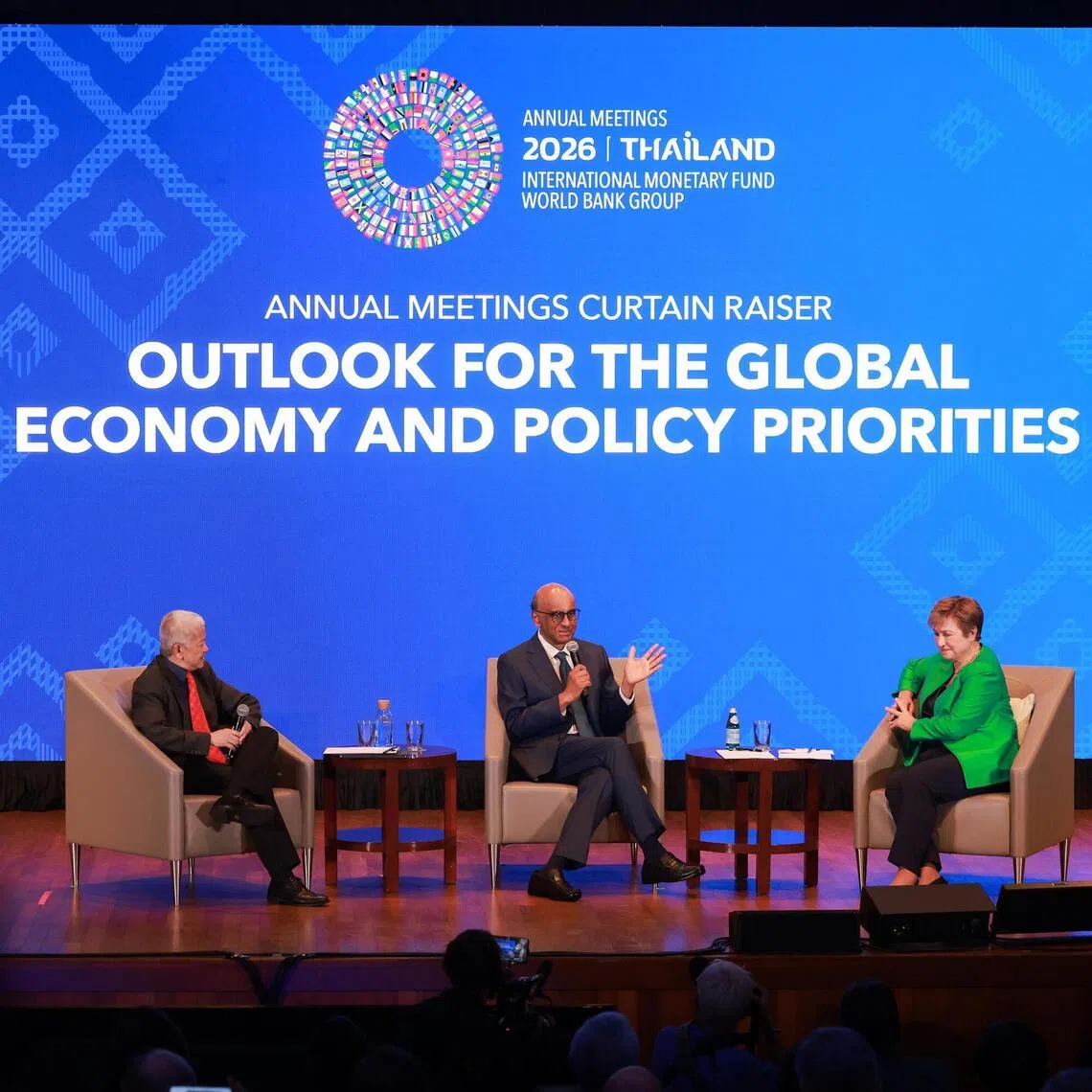 IMF managing director Kristalina Georgieva (right) at an Oct 7 fireside discussion with President Tharman Shanmugaratnam and moderator and economics professor Danny Quah.