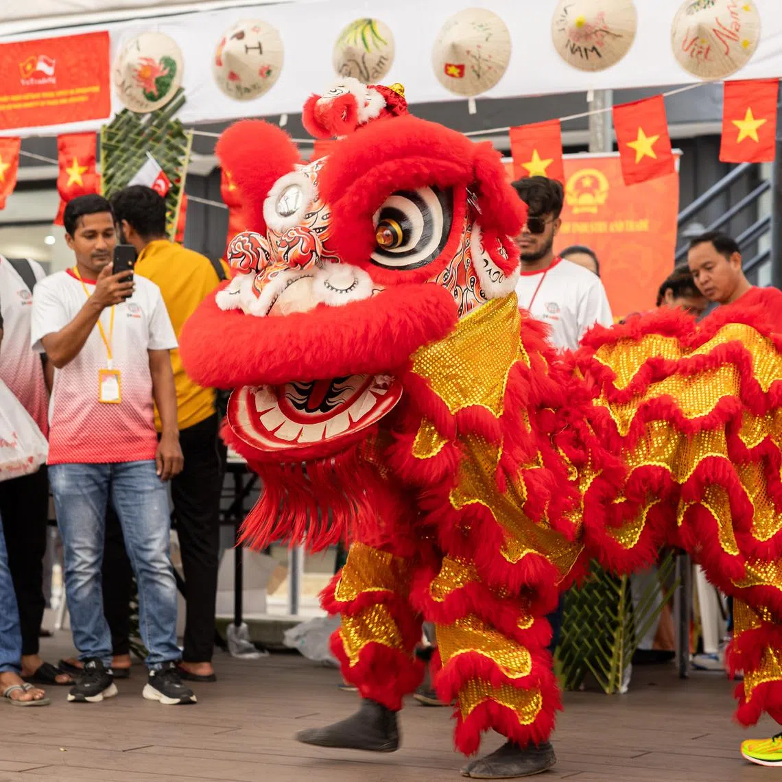 Migrant workers watching a lion dance performance during Racial Harmony Day celebrations at Sembawang Recreation Centre on July 21.