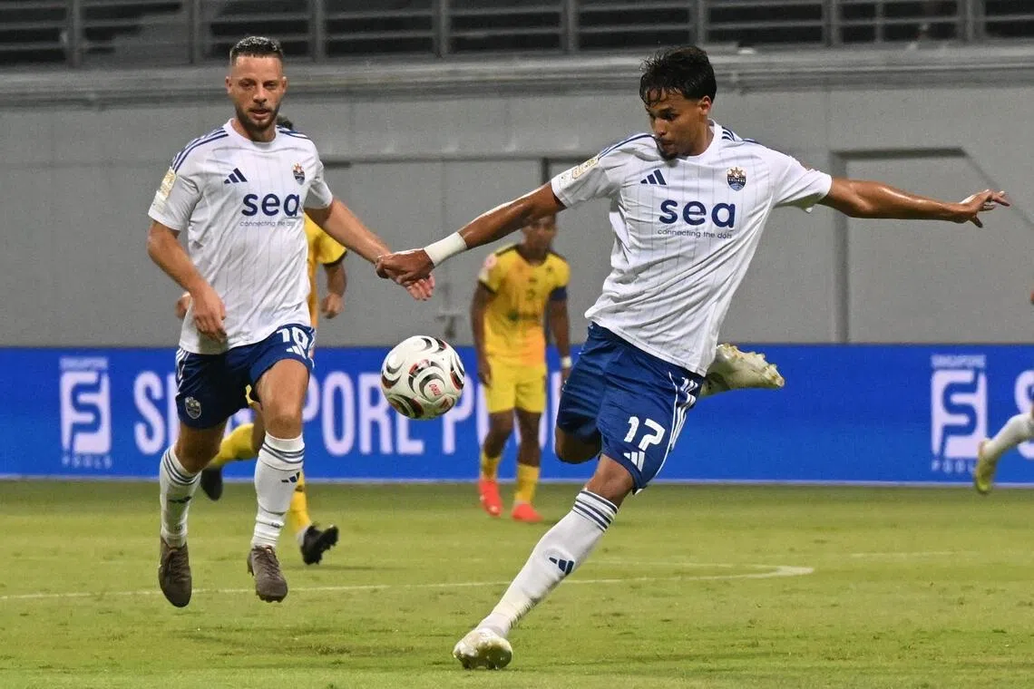 New Lion City Sailors forward Ilhan Fandi takes a shot in their 2-0 win over Tampines Rovers in the Community Shield on Sept 6.