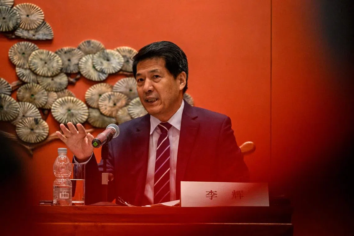 China’s special envoy for Eurasian Affairs Li Hui speaks duing a briefing about his visit to Ukraine, Poland, France, Germany and Russia in Beijing on June 2, 2023. 