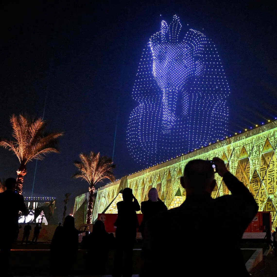 An image created by drones depicting the funerary mask of Tutankhamun, during the opening ceremony of the Grand Egyptian Museum on Nov 1.