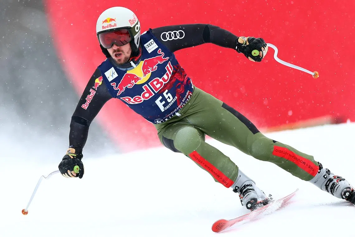 FILE PHOTO: Alpine Skiing - FIS Alpine Ski World Cup - Men's Downhill - Kitzbuehel, Austria - January 20, 2022 Forerunner, Austria's Marcel Hirscher in action during the men's downhill REUTERS/Lisi Niesner/File Photo