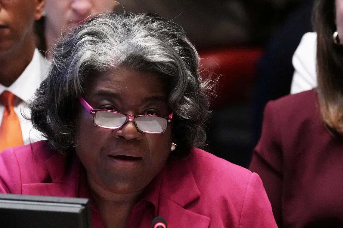 FILE PHOTO: U.S. Ambassador to the United Nations Linda Thomas-Greenfield attends a United Nations Security Council meeting about the Israel-Hamas conflict in Gaza, at the U.N. headquarters in New York City, U.S., September 4, 2024. REUTERS/David 'Dee' Delgado/File Photo