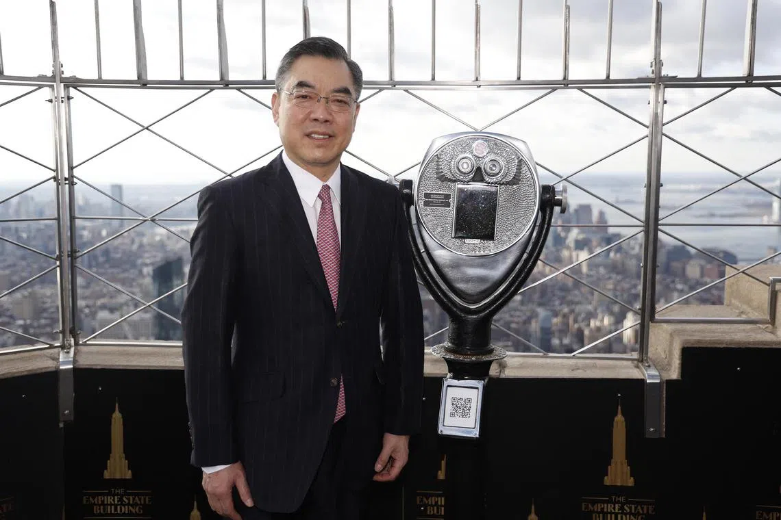NEW YORK, NEW YORK - JANUARY 20: Chinese Consul General Huang Ping attends as Chinese Consul General Huang Ping and Deputy Consul General Jiang Jianjun Qian Jin light the Empire State Building in celebration of Lunar New Year at The Empire State Building on January 20, 2023 in New York City.   John Lamparski/Getty Images for Empire State Building/AFP