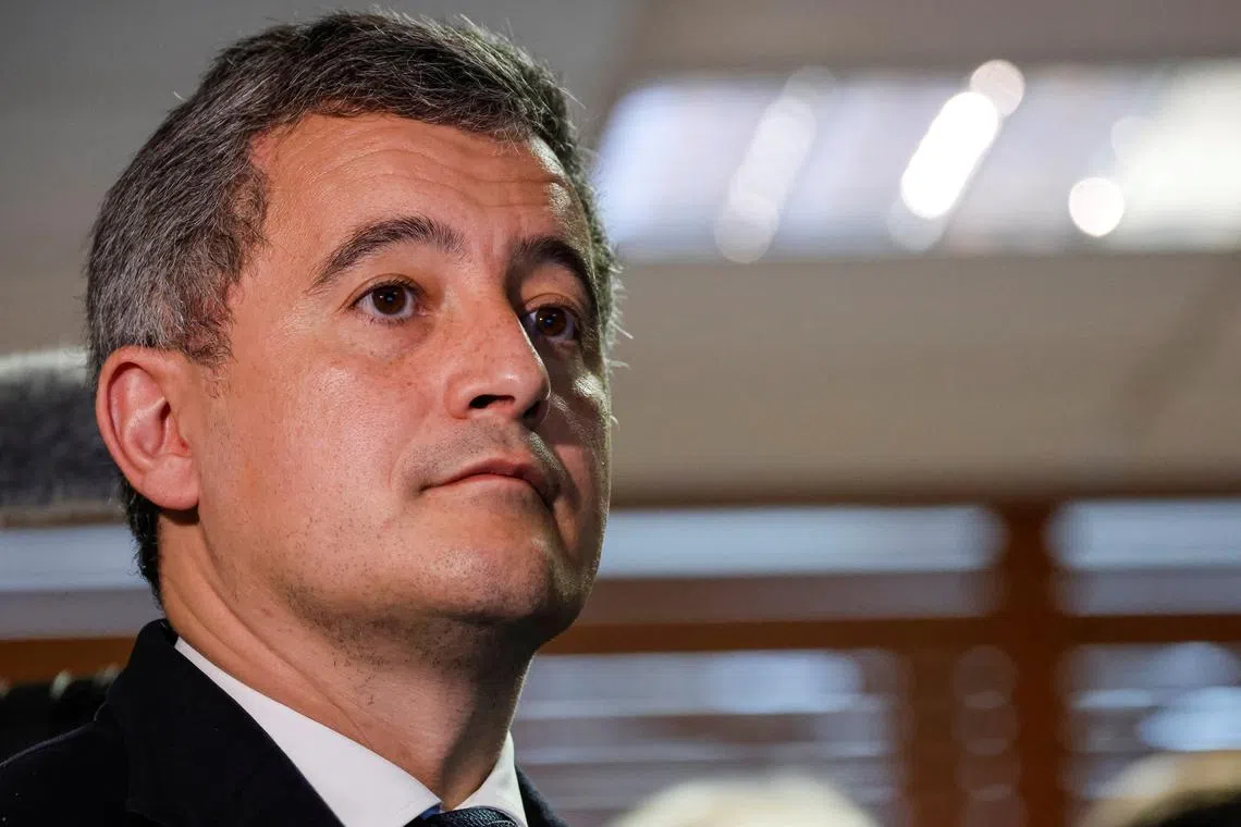 FILE PHOTO: French Interior Minister Gerald Darmanin looks on during a visit to the Bordeaux police station, in Bordeaux, western France, February 9, 2024. Ludovic Marin/Pool via REUTERS/File Photo