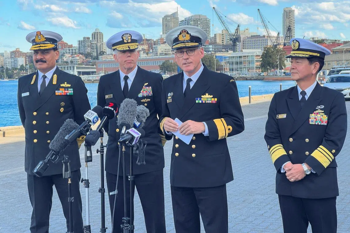Navy chiefs from Japan, Australia, India and the US hold a news conference ahead of the first Malabar naval exercise off Australia.