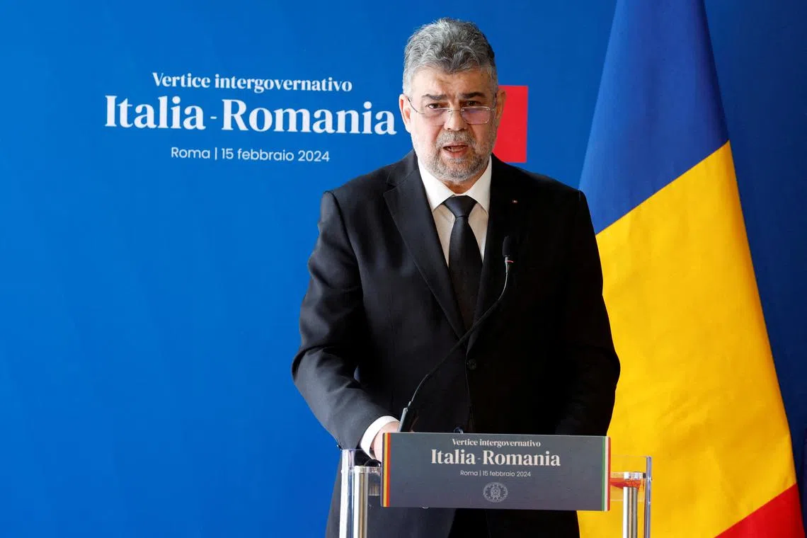 FILE PHOTO: Romania's Prime Minister Marcel Ciolacu gives a statement with Italian Prime Minister Giorgia Meloni (not pictured) at Villa Doria Pamphili in Rome, Italy, February 15, 2024. REUTERS/Remo Casilli/File Photo