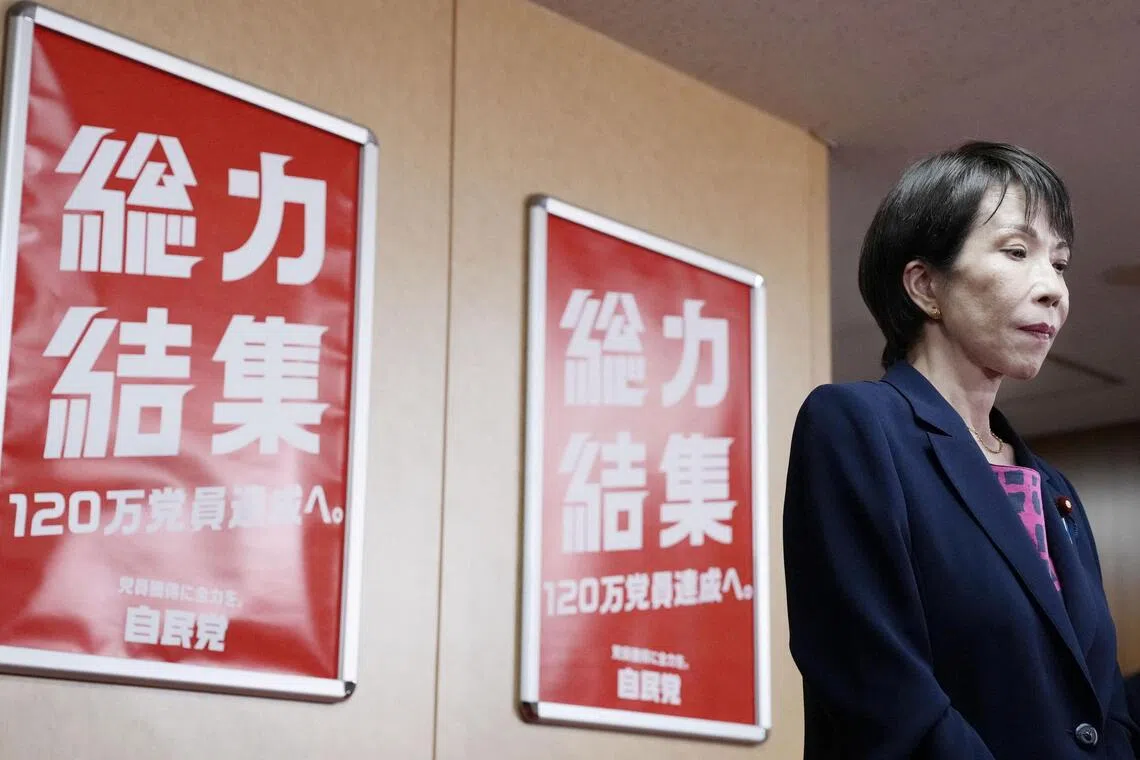 Japan's Liberal Democratic Party newly elected chief Sanae Takaichi pauses, as she speaks to media, after a meeting with Japan's Komeito party leader Tetsuo Saito, at the party headquarters in Tokyo, Japan October 10, 2025, in this photo taken by Kyodo. Kyodo/via REUTERS ATTENTION EDITORS - THIS IMAGE HAS BEEN SUPPLIED BY A THIRD PARTY. MANDATORY CREDIT. JAPAN OUT. NO COMMERCIAL OR EDITORIAL SALES IN JAPAN.