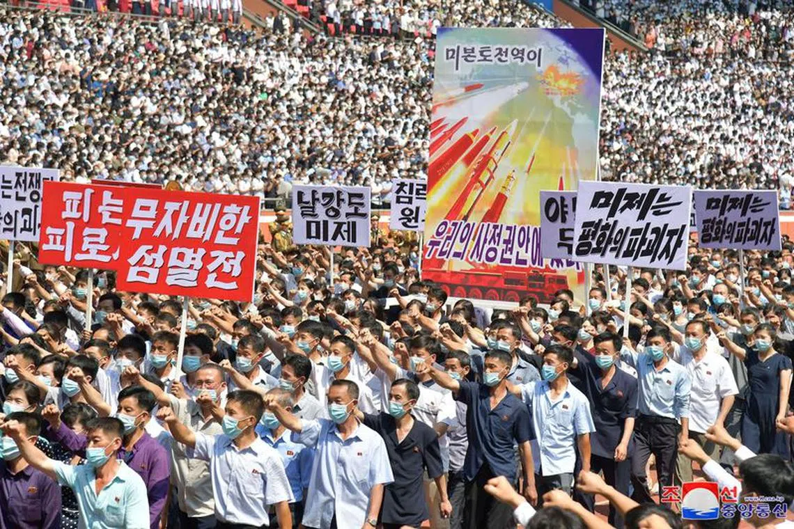 FILE PHOTO: People attend a mass rally denouncing the U.S. in Pyongyang, North Korea, June 25, 2023 in this photo released by North Korea's Korean Central News Agency (KCNA).   KCNA via REUTERS    ATTENTION EDITORS - THIS IMAGE WAS PROVIDED BY A THIRD PARTY. REUTERS IS UNABLE TO INDEPENDENTLY VERIFY THIS IMAGE. NO THIRD PARTY SALES. SOUTH KOREA OUT. NO COMMERCIAL OR EDITORIAL SALES IN SOUTH KOREA./File Photo