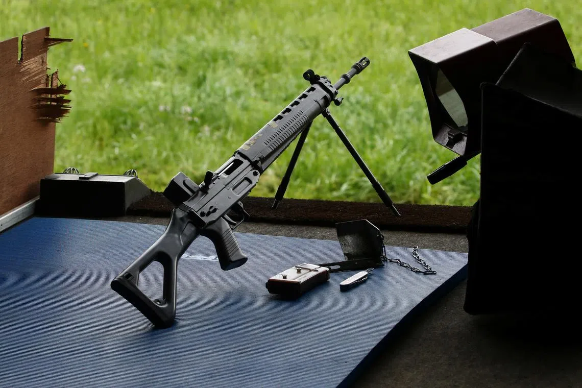 FILE PHOTO: A FAS 90 rifle of the Swiss army is pictured during a competition in Romont, Switzerland May 11, 2019. REUTERS/Denis Balibouse/File Photo