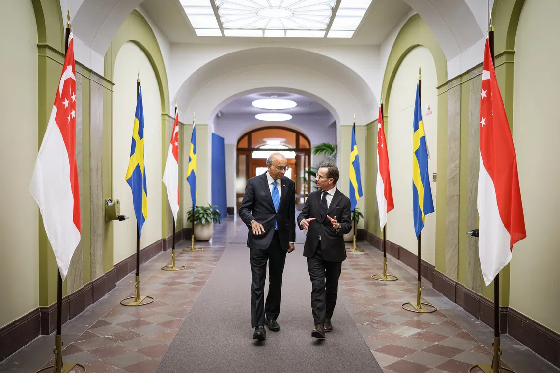President Tharman said bridge builders will come from among nations of different sizes. During the state visit to Sweden, he met Prime Minister Ulf Kristersson (right).