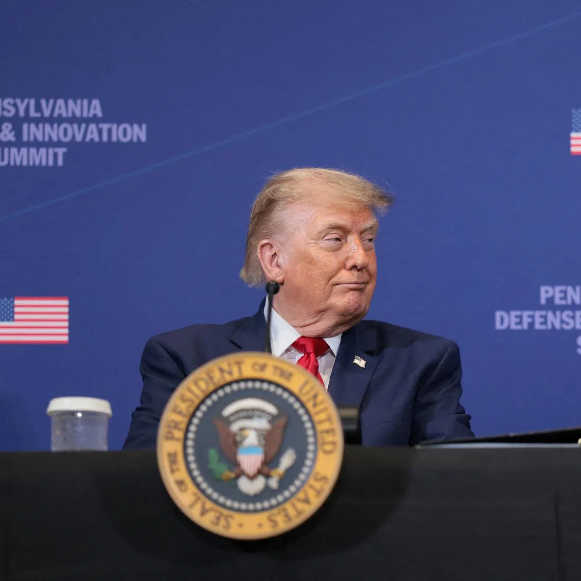 U.S. President Donald Trump looks on at the Pennsylvania Defense and Innovation Summit at the United States Army War College in Carlisle, Pennsylvania, U.S., July 15, 2026. REUTERS/Kylie Cooper