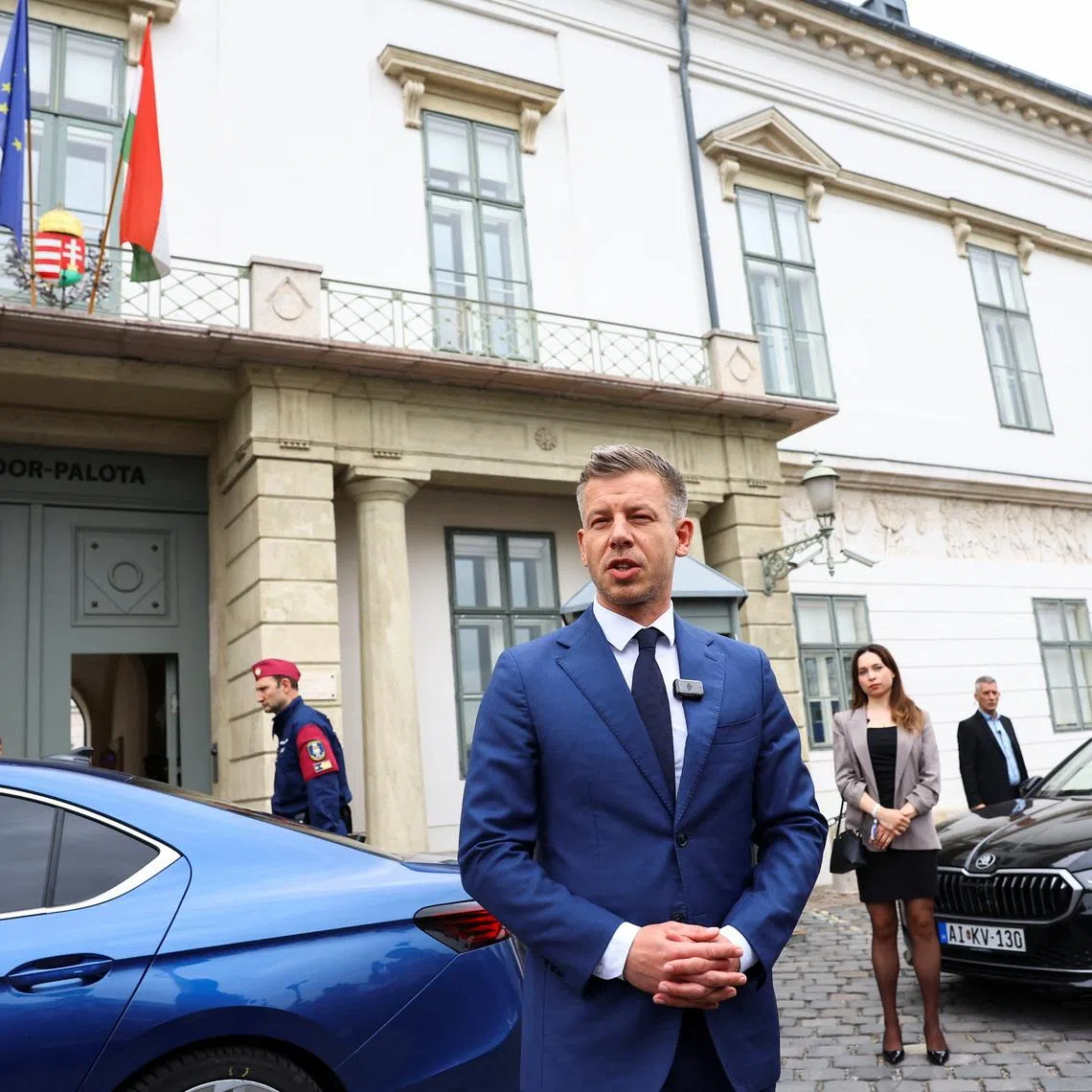 Election winner Peter Magyar, leader of the opposition Tisza Party speaks to the media ahead of a meeting with Hungary's President Tamas Sulyok after the parliamentary election, at Sandor Palace in Budapest, Hungary, April 15, 2026. REUTERS/Bernadett Szabo
