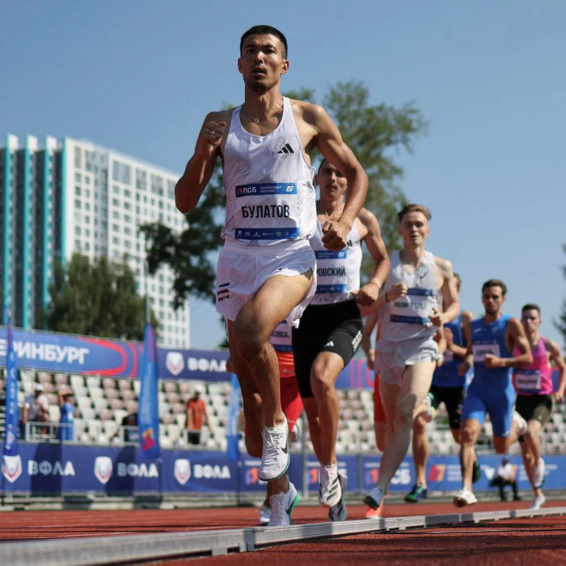 Gadel Bulatov leading the 1,500m field at the Russian Athletics Championship in Yekaterinburg on July 25. The country’s athletes are banned from international competition over Russia’s war in Ukraine.